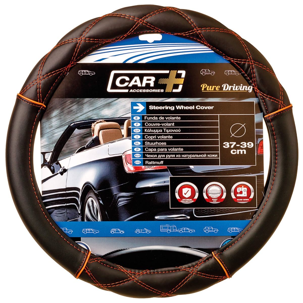 Soft Leather Car Steering Wheel Cover Black with Orange Cross Stitching