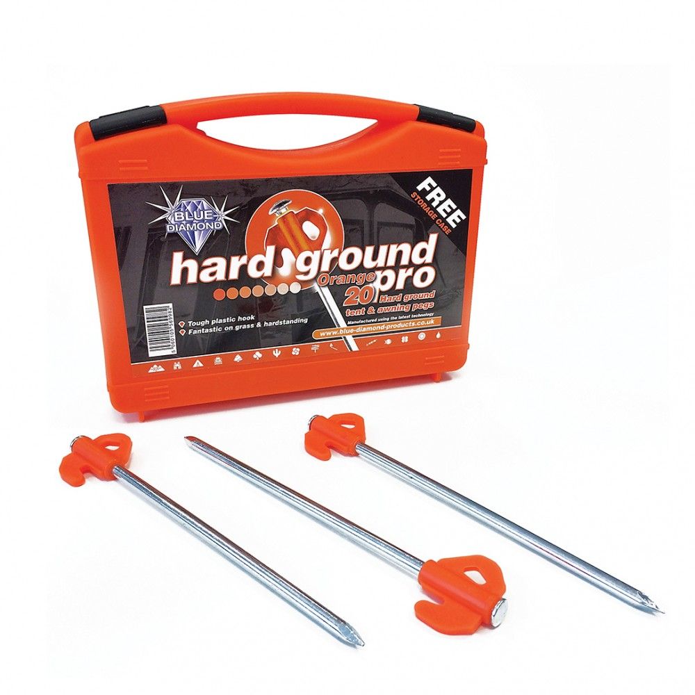 Blue Diamond Orange Pro Pegs Hard Ground Tent & Awning Pegs x 20 with Plastic Storage Case