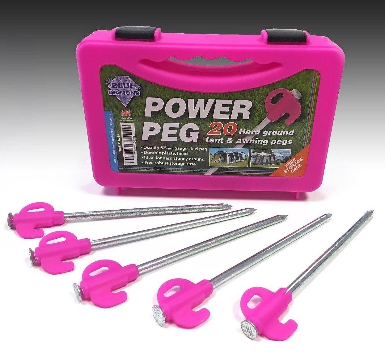 Blue Diamond POWER Pegs Hard Ground Tent & Awning Pegs x 20 with Plastic Storage Case